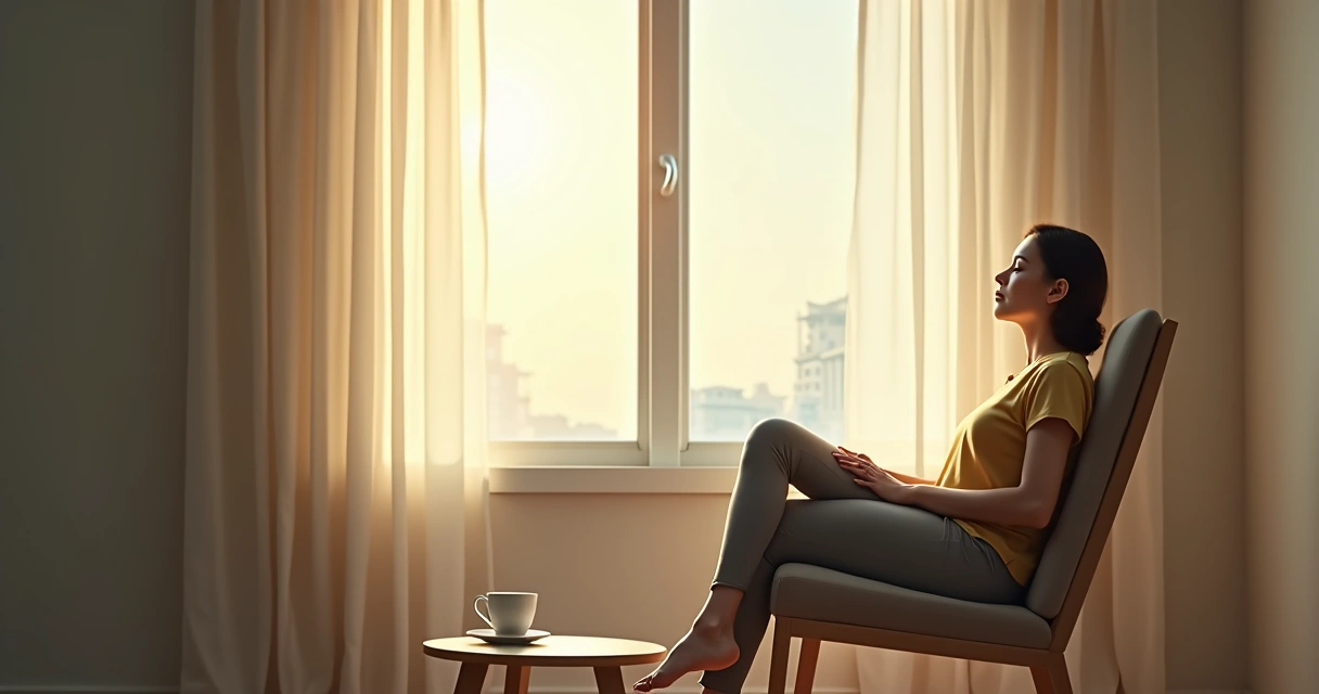 Person sitting by a window with eyes closed and hands resting calmly 