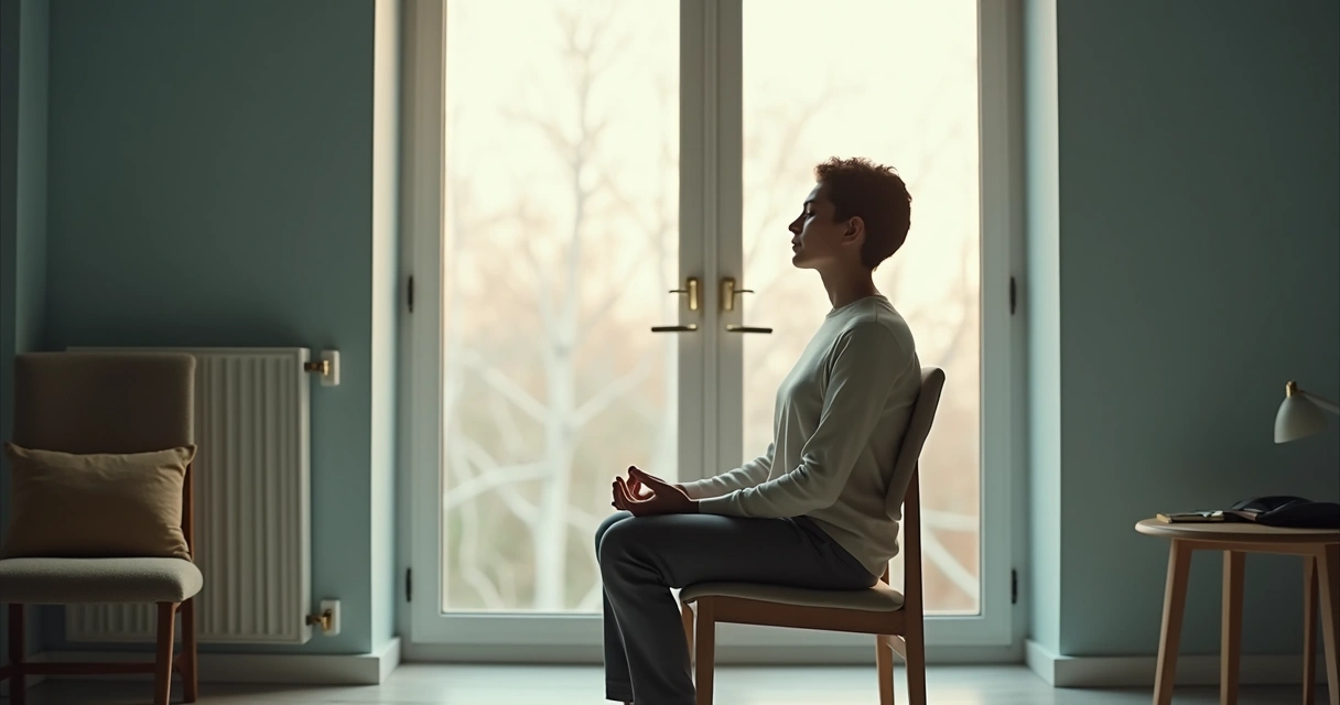 Person sitting by a window practicing calm breathing