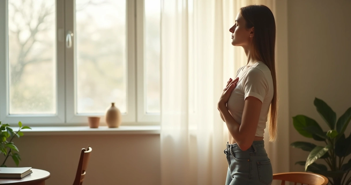 Person pausing by a window and taking a slow breath