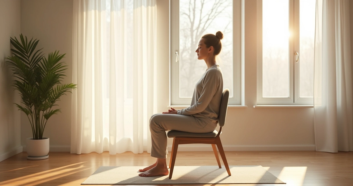 Person seated by a window focusing on breathing and body awareness 
