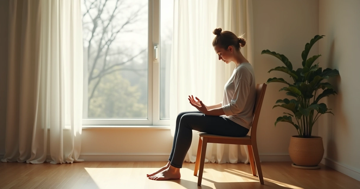 Person sitting by a window practicing slow breathing after stress