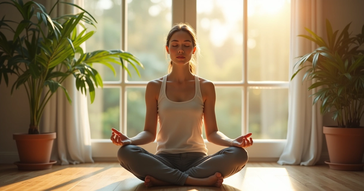 Person practicing mindful breathing near window with morning sunlight 
