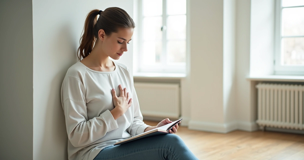 Person pausing calmly with notebook in a bright room