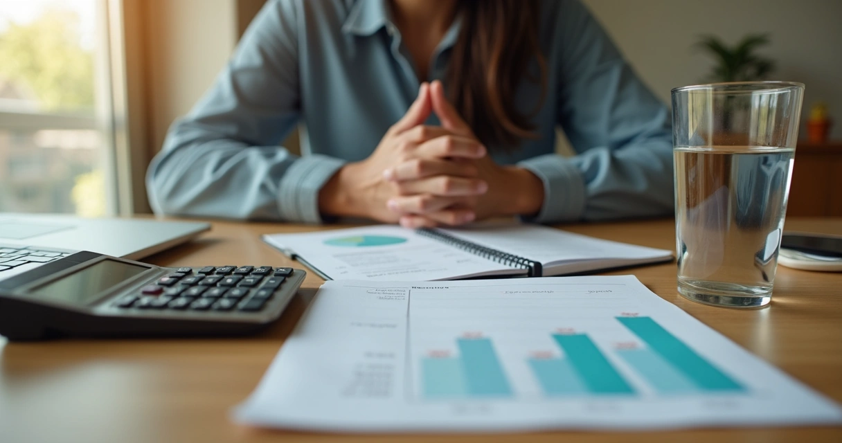 Person breathing calmly while reviewing a home budget at a desk 