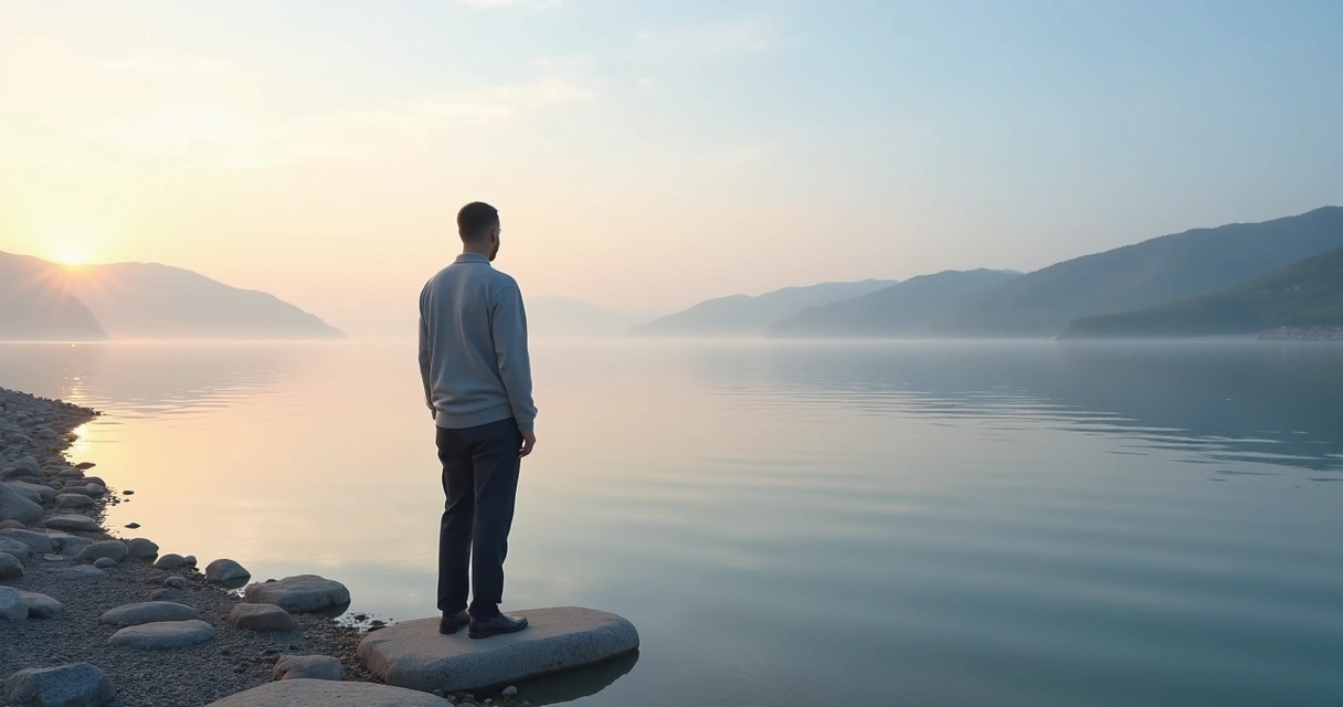 Person standing by quiet lakeshore watching clear reflection in water at sunrise 