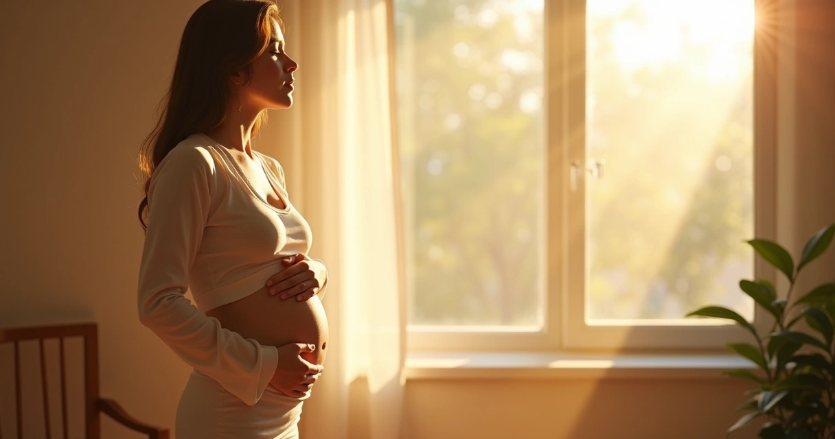 Person standing by a sunlit window practicing calm breathing 