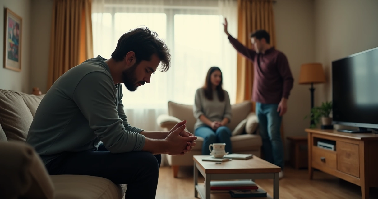 Person sitting quietly while blurred family conflict unfolds in the background