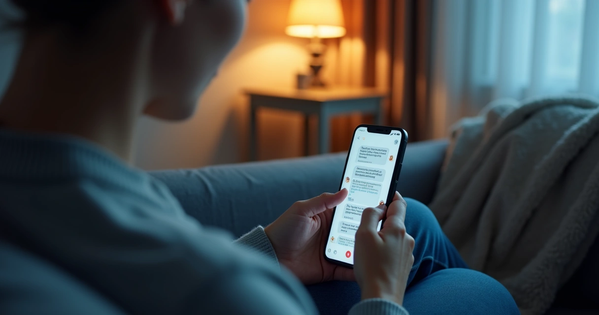 Person using a phone in a dim room with an empathetic AI chat interface