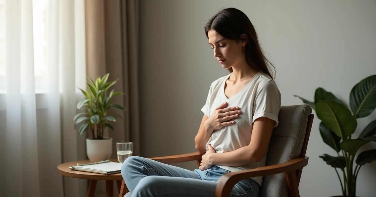 Person seated quietly noticing breath and heartbeat 