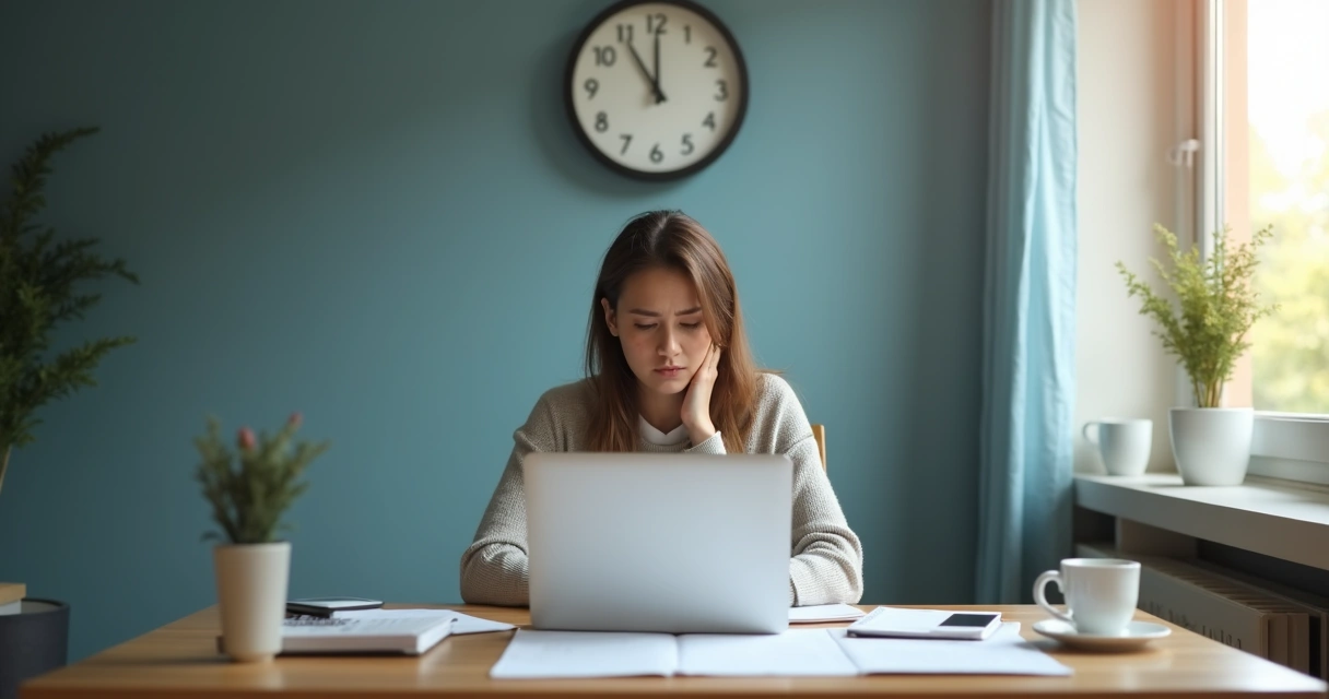 Person checking a clock at a crowded desk with notes and a laptop