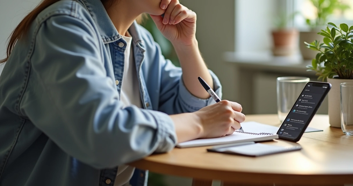 Person writing in a notebook beside a phone and calendar