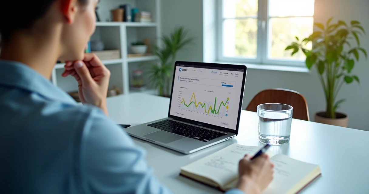 Person reviewing notes beside a live dashboard and notebook