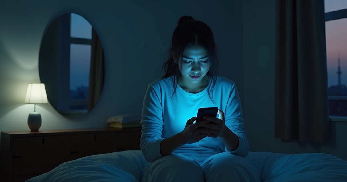 Person looking at a phone screen while seeing their reflection in a dark room 