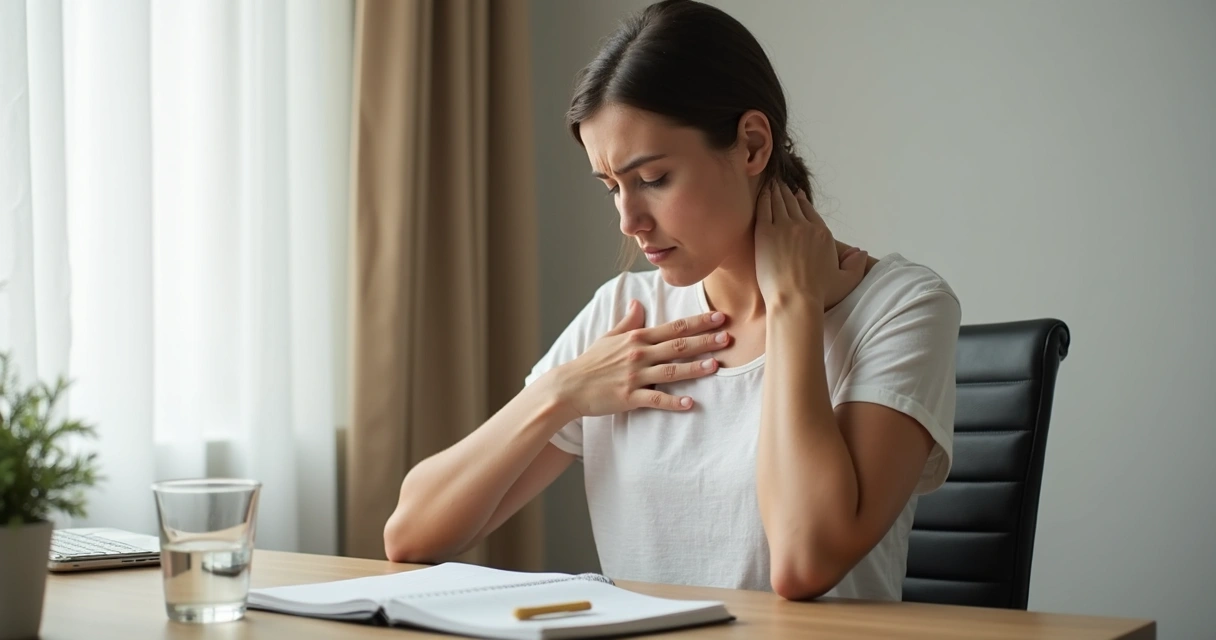Person seated at desk noticing shoulder tension and breathing 