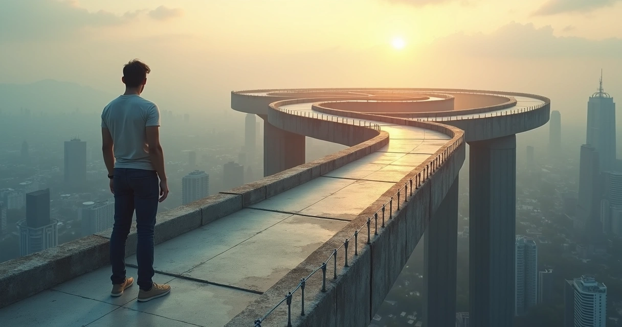 Person standing on rooftop choosing between shadowy and sunlit bridges 
