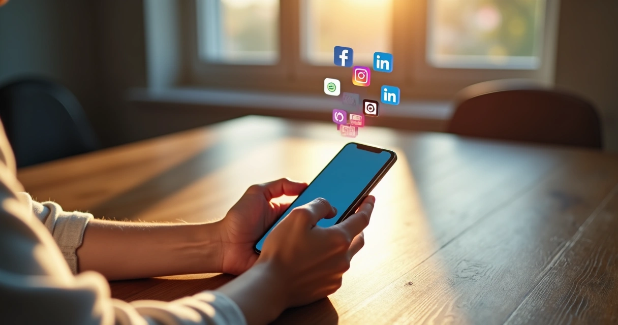 Person holding smartphone with different social media icons above the screen 