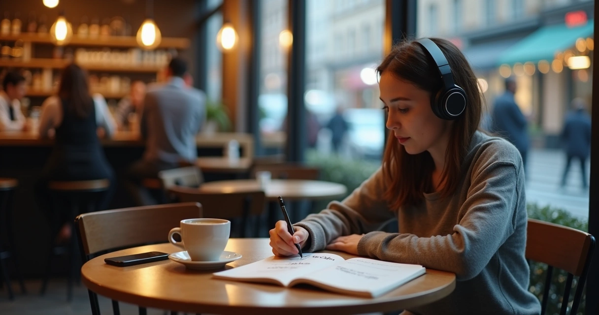 Person in a crowded cafe wearing noise-canceling headphones and focused on writing a boundary statement in a notebook 