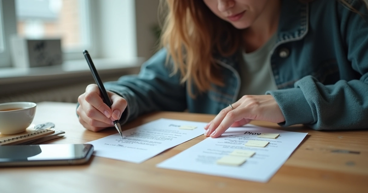 Person writing pros and cons beside two everyday choices 