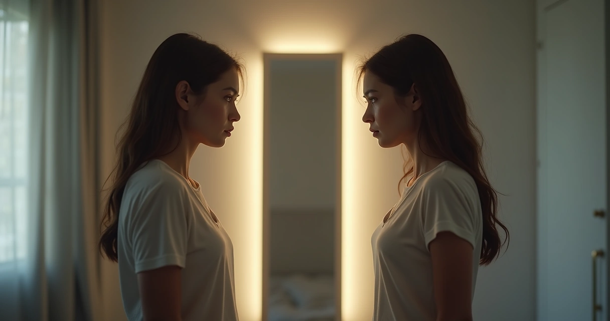 Adult standing in front of a mirror reflecting both a calm and a tense expression