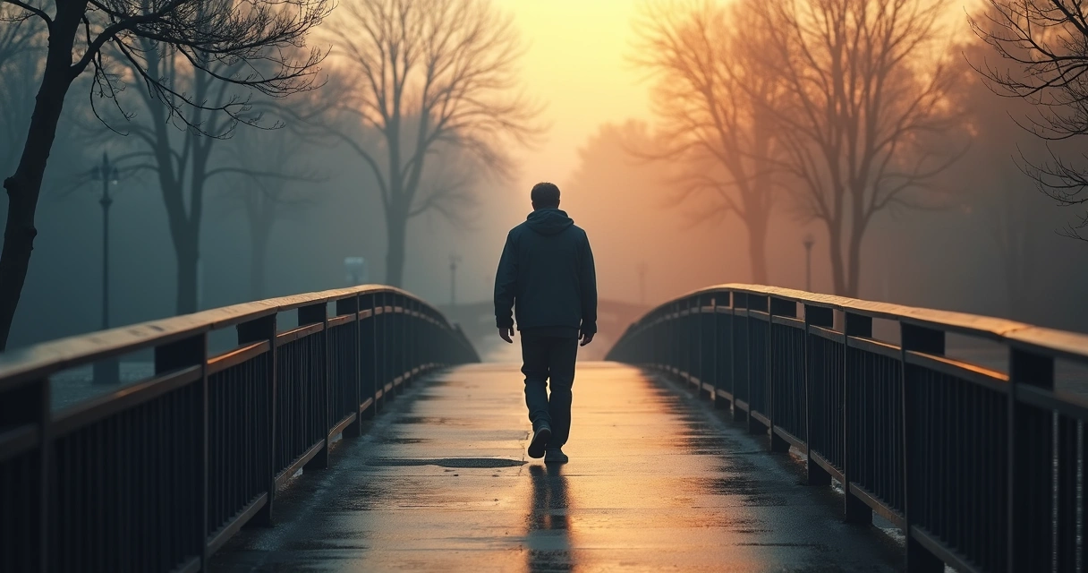 Person walking across a bridge between two contrasting spaces 