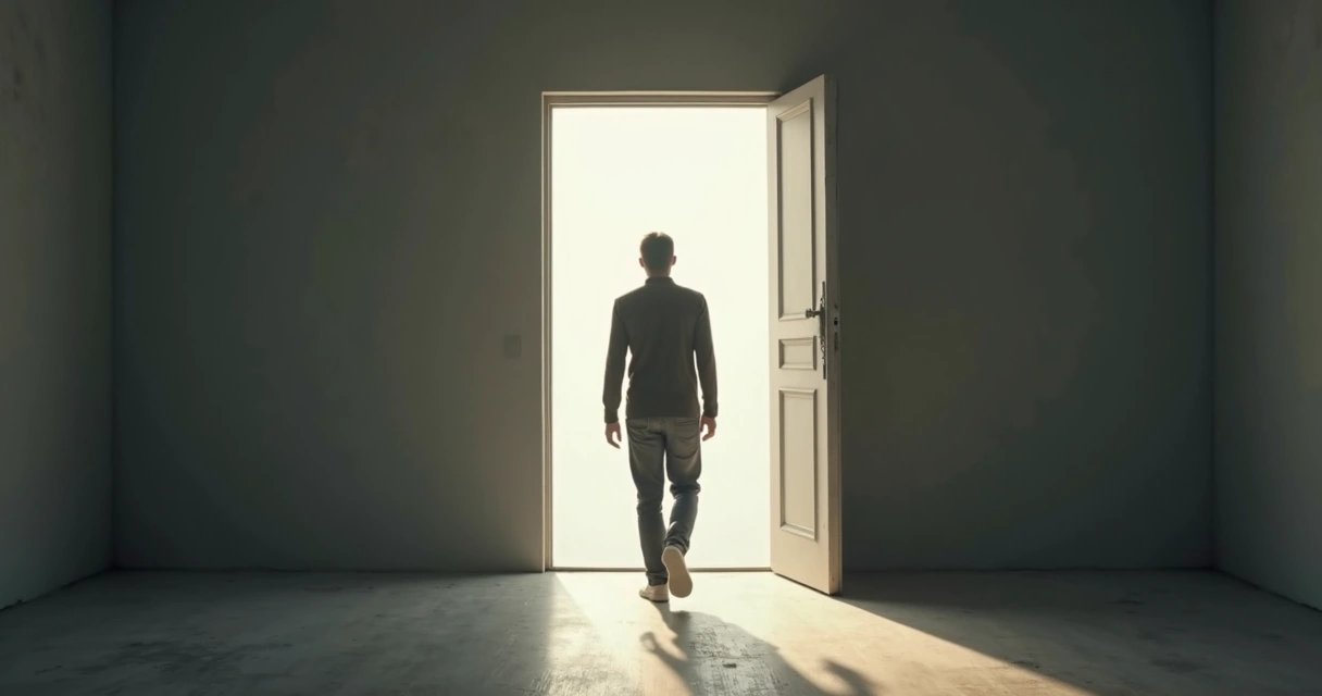 Person walking toward an open door with light