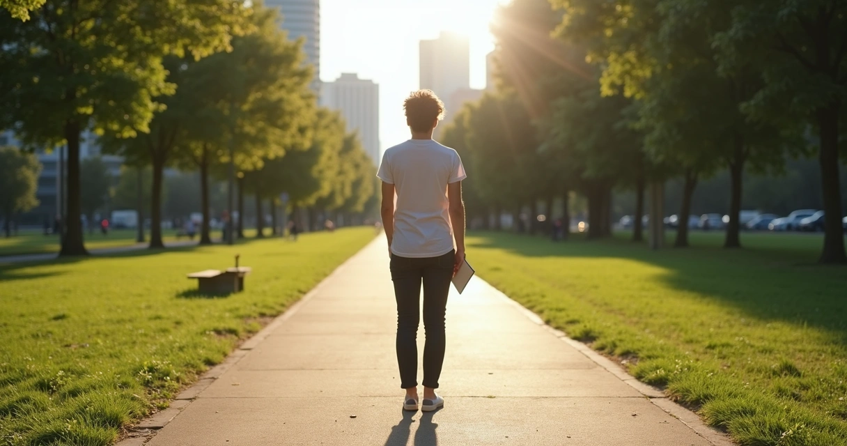 Person standing at a path split between city and park 