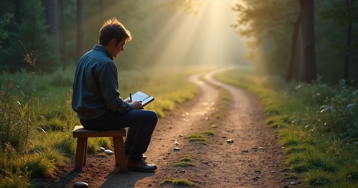 Person writing in a journal at a crossroads path 