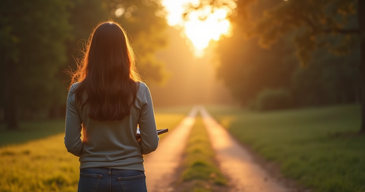 Person at a crossroads holding a notebook outdoors