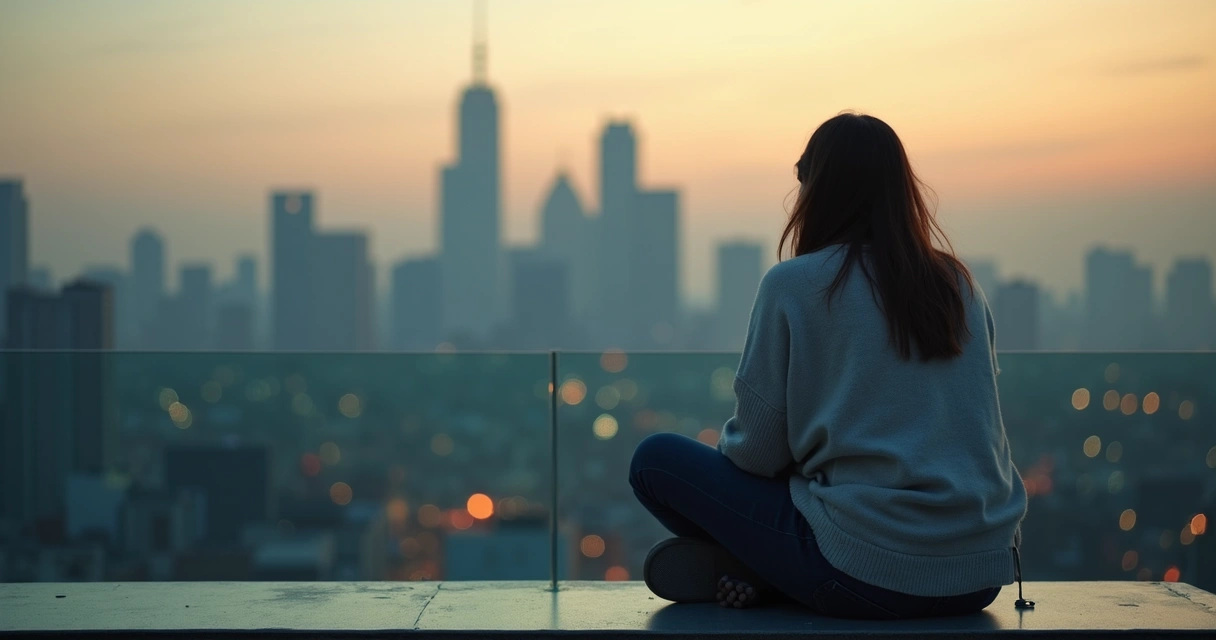 Person sitting alone on a city rooftop at dusk in quiet self-reflection 
