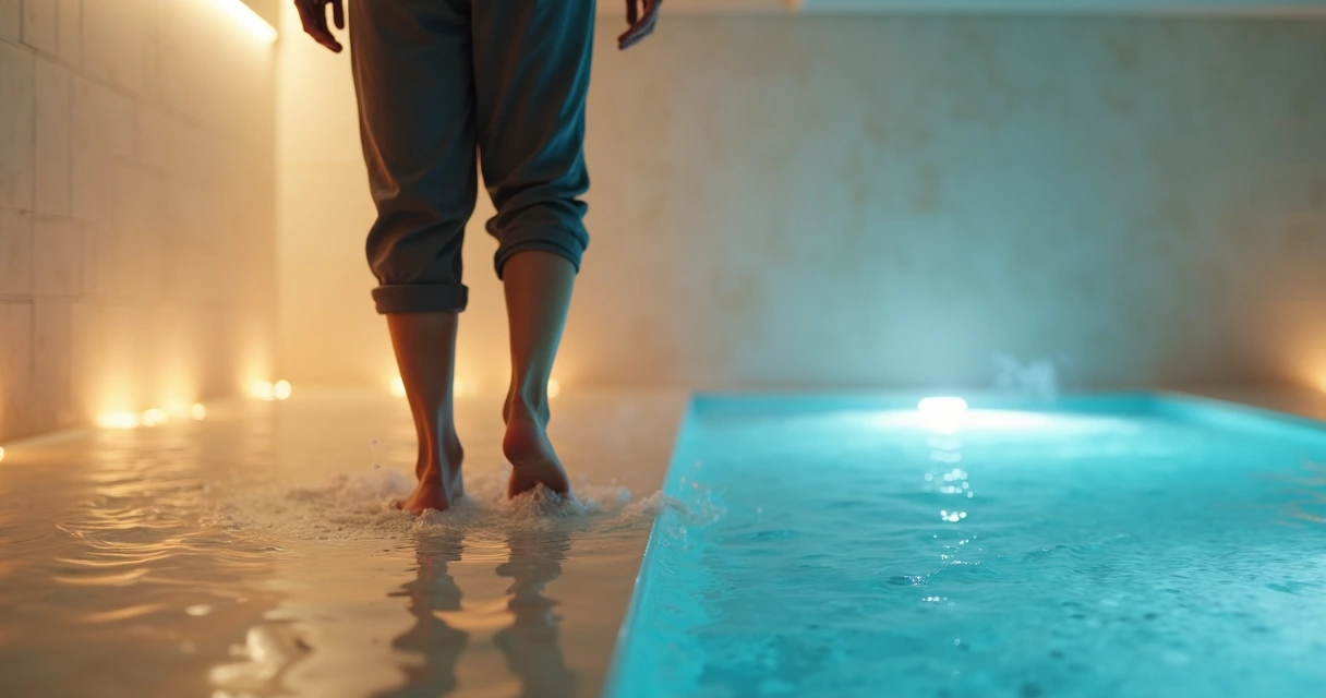 Person stepping barefoot into contrasting hot and cold water pools. 