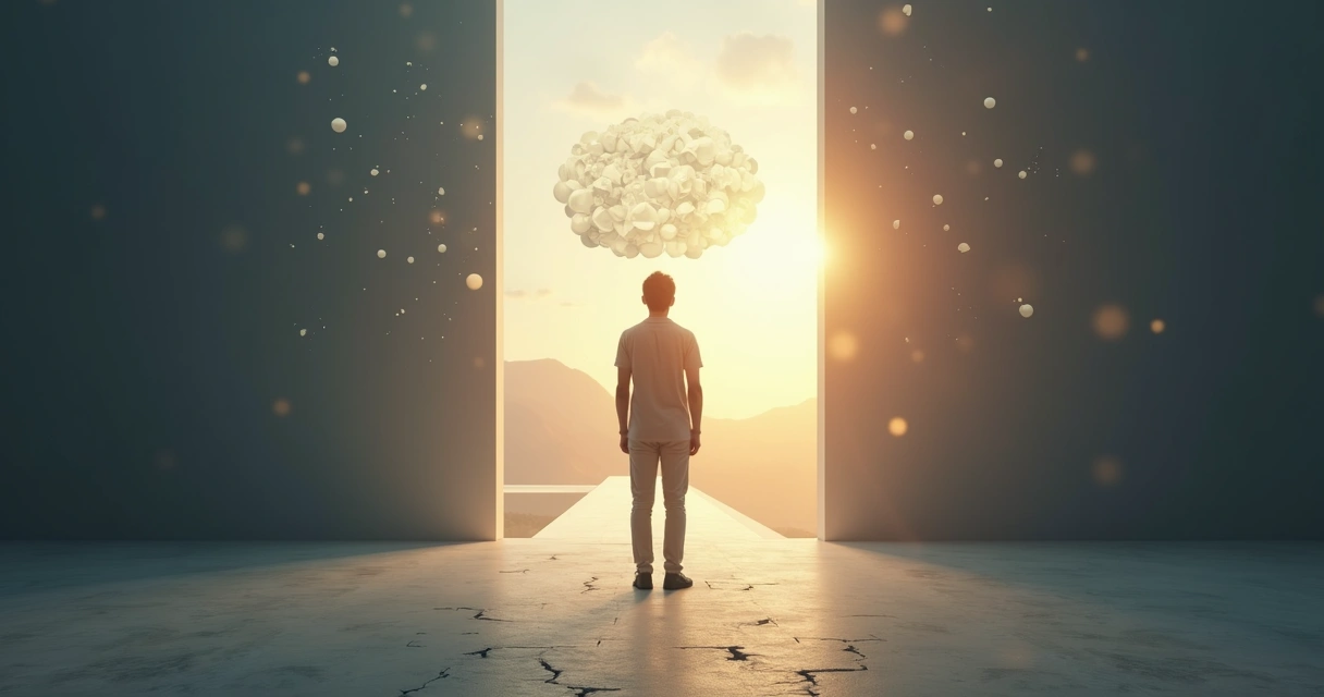 Person standing at a crossroads with a glowing path emerging from fragmented thoughts 