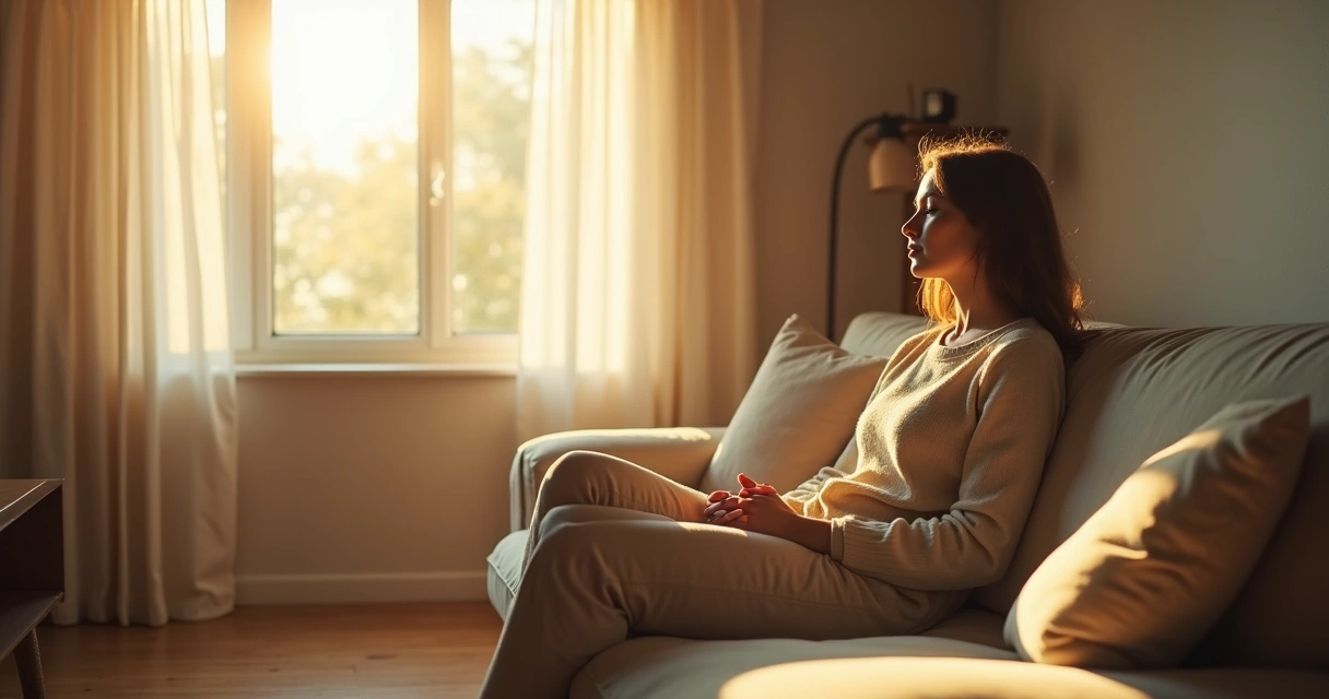 Person alone reflecting quietly in a sunlit room 