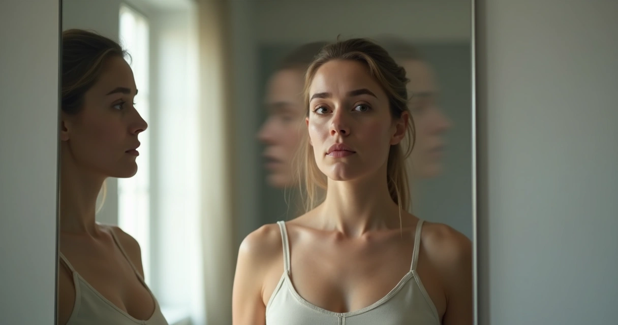 Person looking at reflection with overlapping emotional expressions 