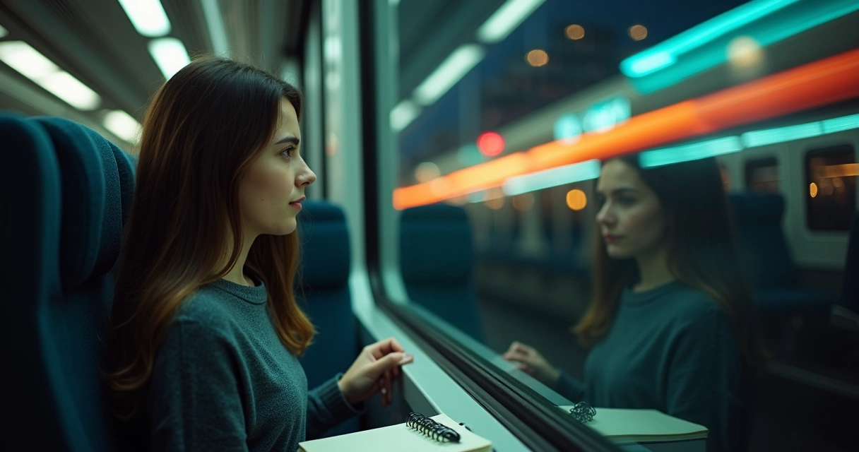 Person reflected in train window with shifting colored lights 