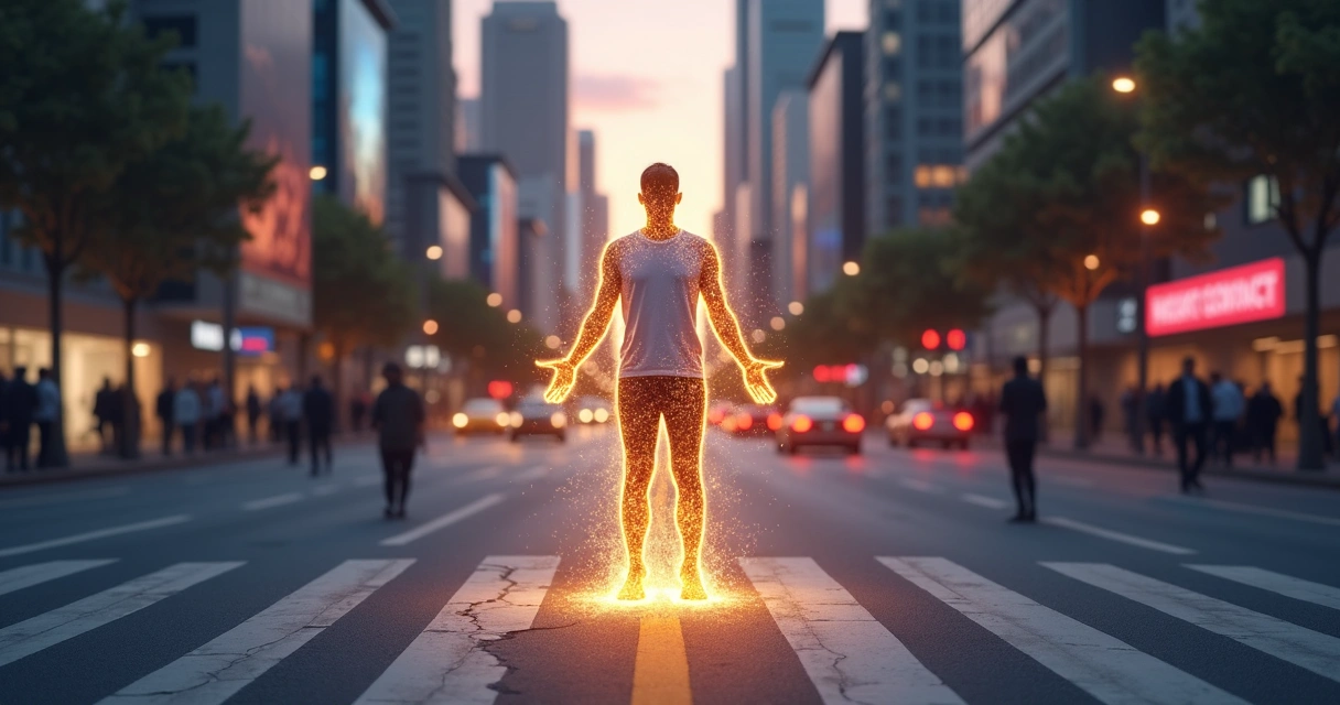 Person with cracked glowing aura leaking light into a gray cityscape 