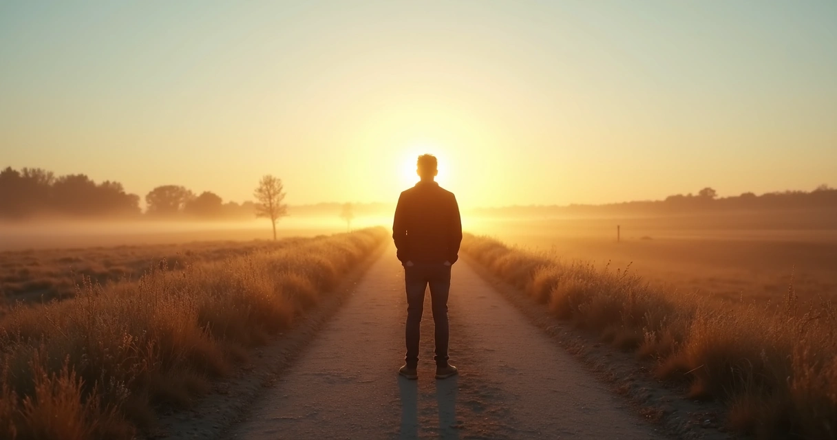 Person standing at a crossroads at sunrise 