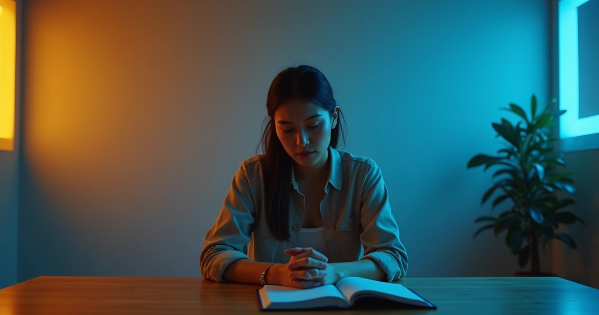 Person sitting between warm and cool light in quiet reflection 