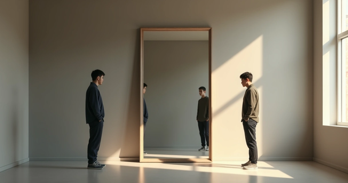 Person looking into a mirror with a split reflection