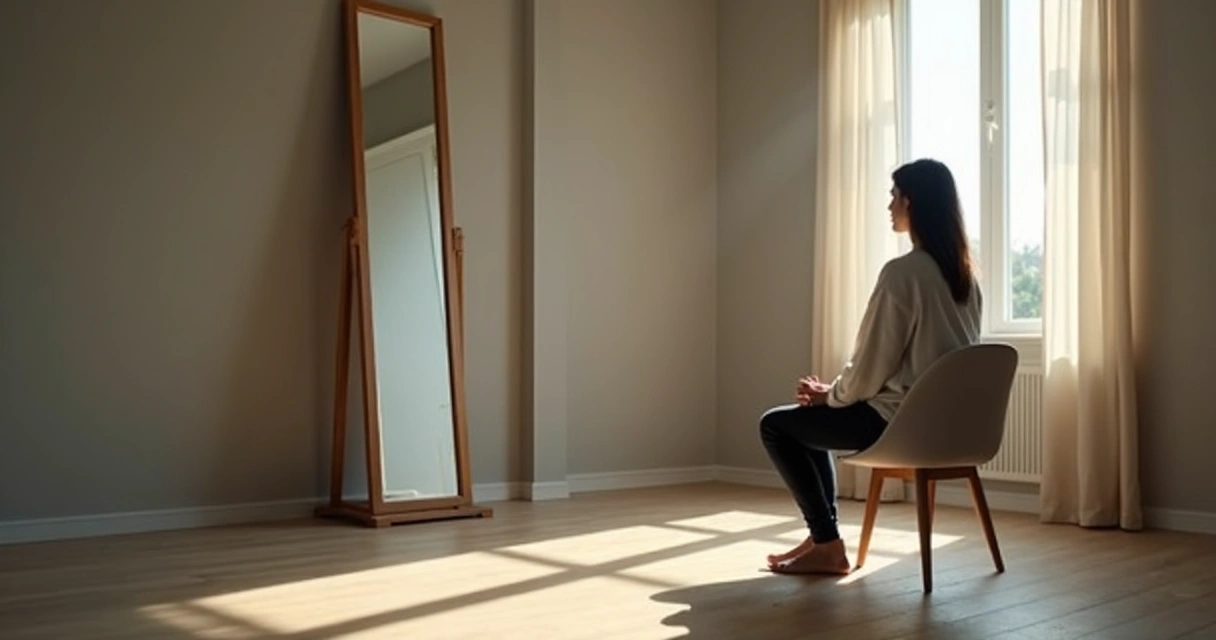Person seated calmly facing a mirror in soft natural light