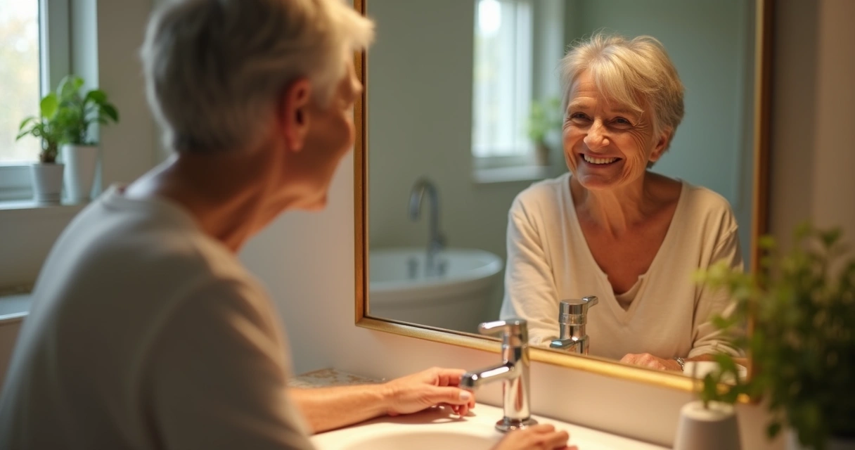 Middle-aged person looking at themselves in a mirror with a gentle smile