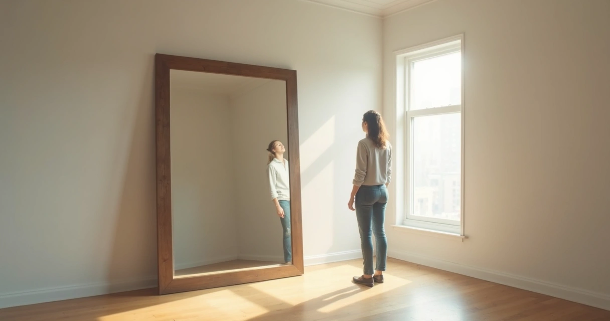 Person standing before a mirror in soft natural light
