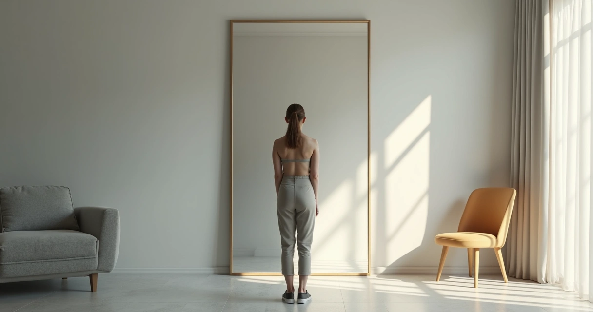 Person facing a mirror with rigid and fluid reflections