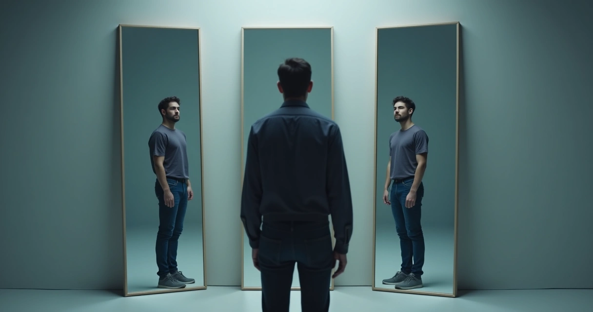 Person facing multiple mirrors with different reflected identities 