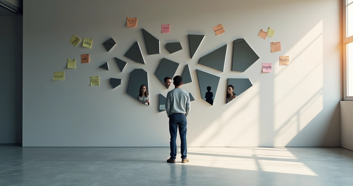 Person studying different reflections in fragmented mirrors on wall 