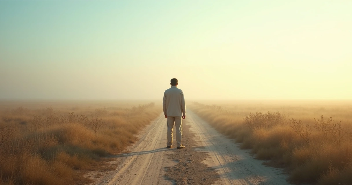 Person standing at a forked path in a quiet landscape