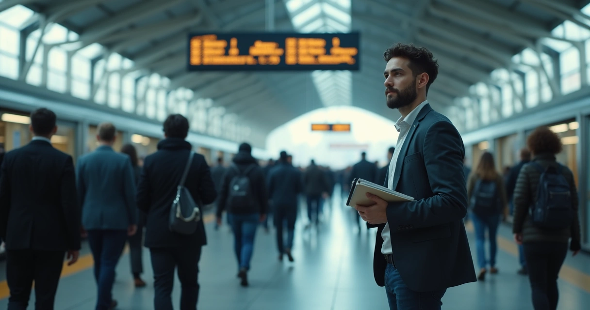 Individual at train platform subtly dissolving into a moving crowd 