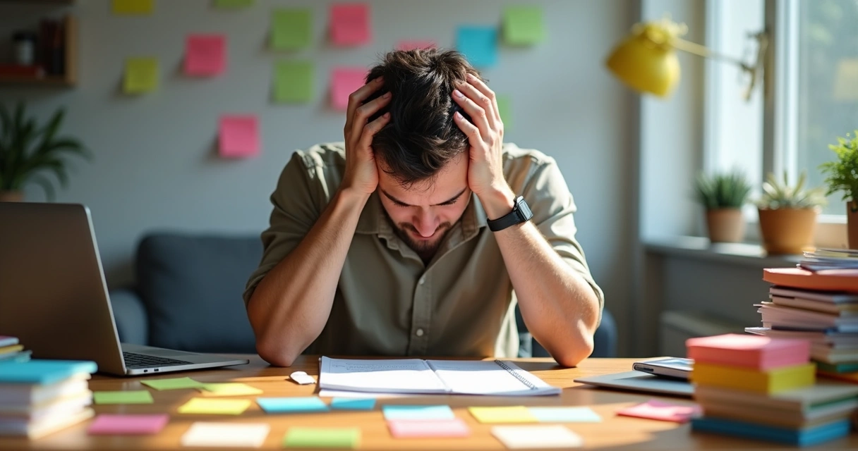 Person sitting at desk with multiple choices on sticky notes 