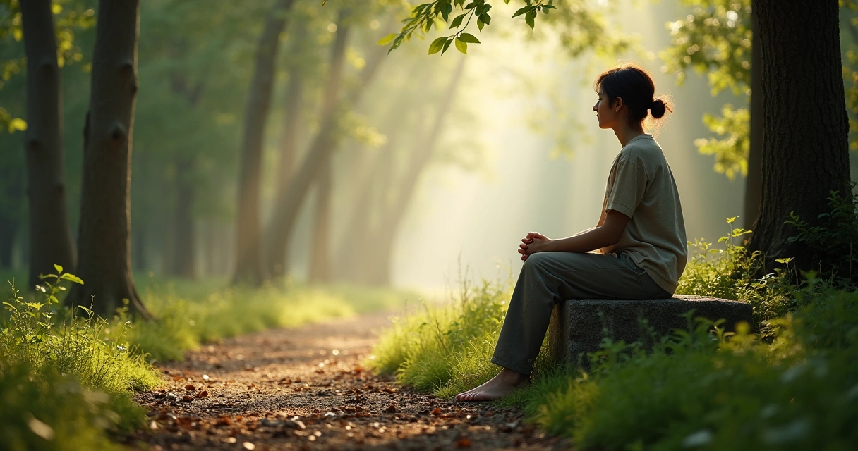 Person sitting by a forest path in quiet reflection