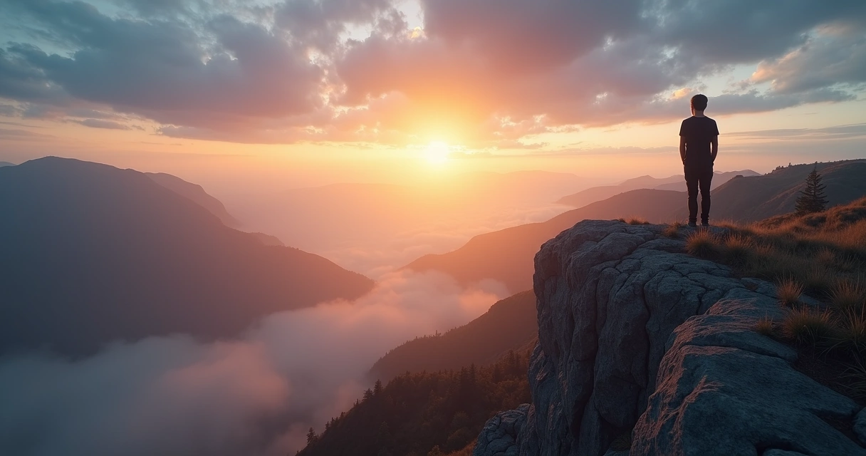 Silhouette of a person standing on a cliff gazing at a vast colorful sky 