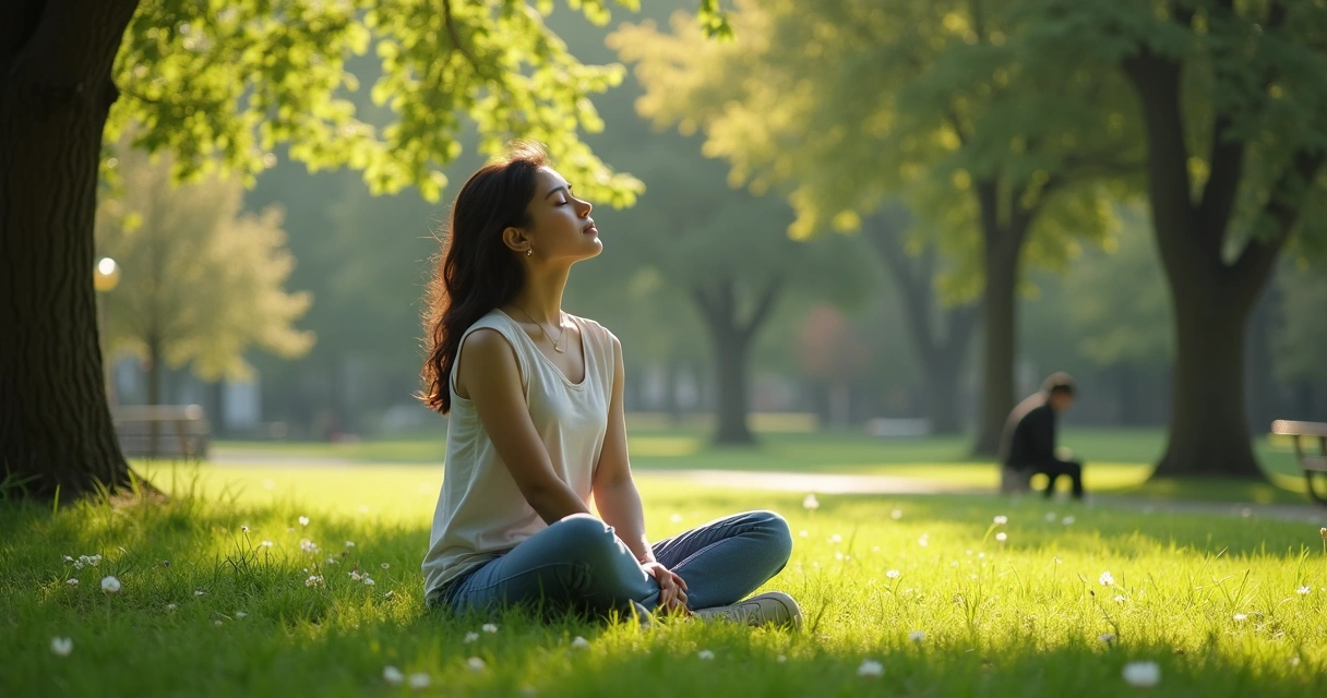 Person sitting cross-legged on grass with hands resting on their knees 